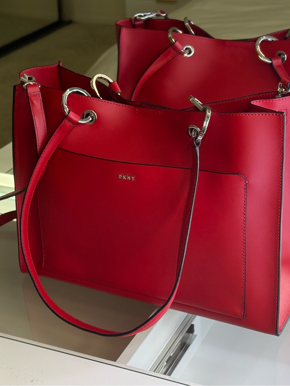 DKNY Red Structured Tote Shoulder Bag Crossbody Strap Silver Hardware Dust Bag